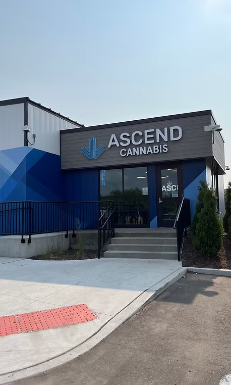 Ascend Cannabis storefront with crisp blue exterior painted by GRC Painting